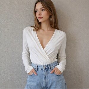 Bayse Ribbed Crossover Bodysuit Small Cream